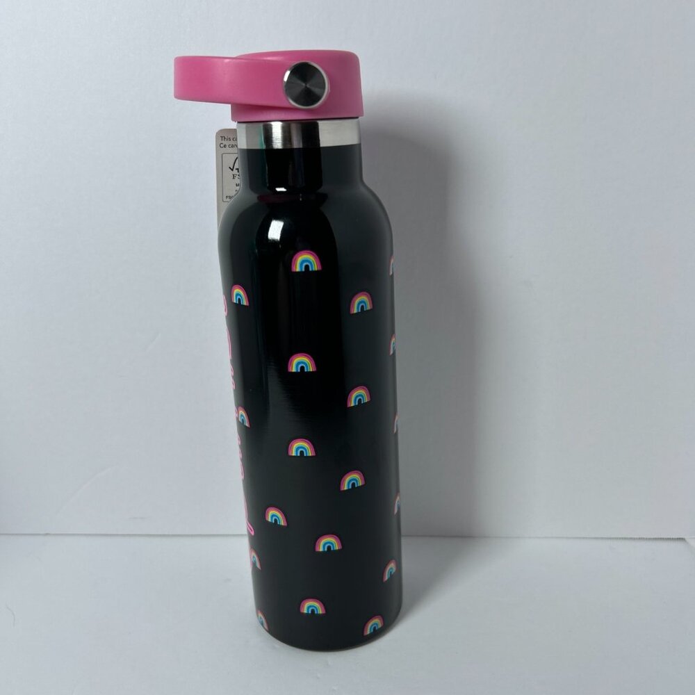 Claire’s Girls 20oz Stainless Steel Water Bottle Optimist Black Pink Rainbow NWT - Picture 4 of 10